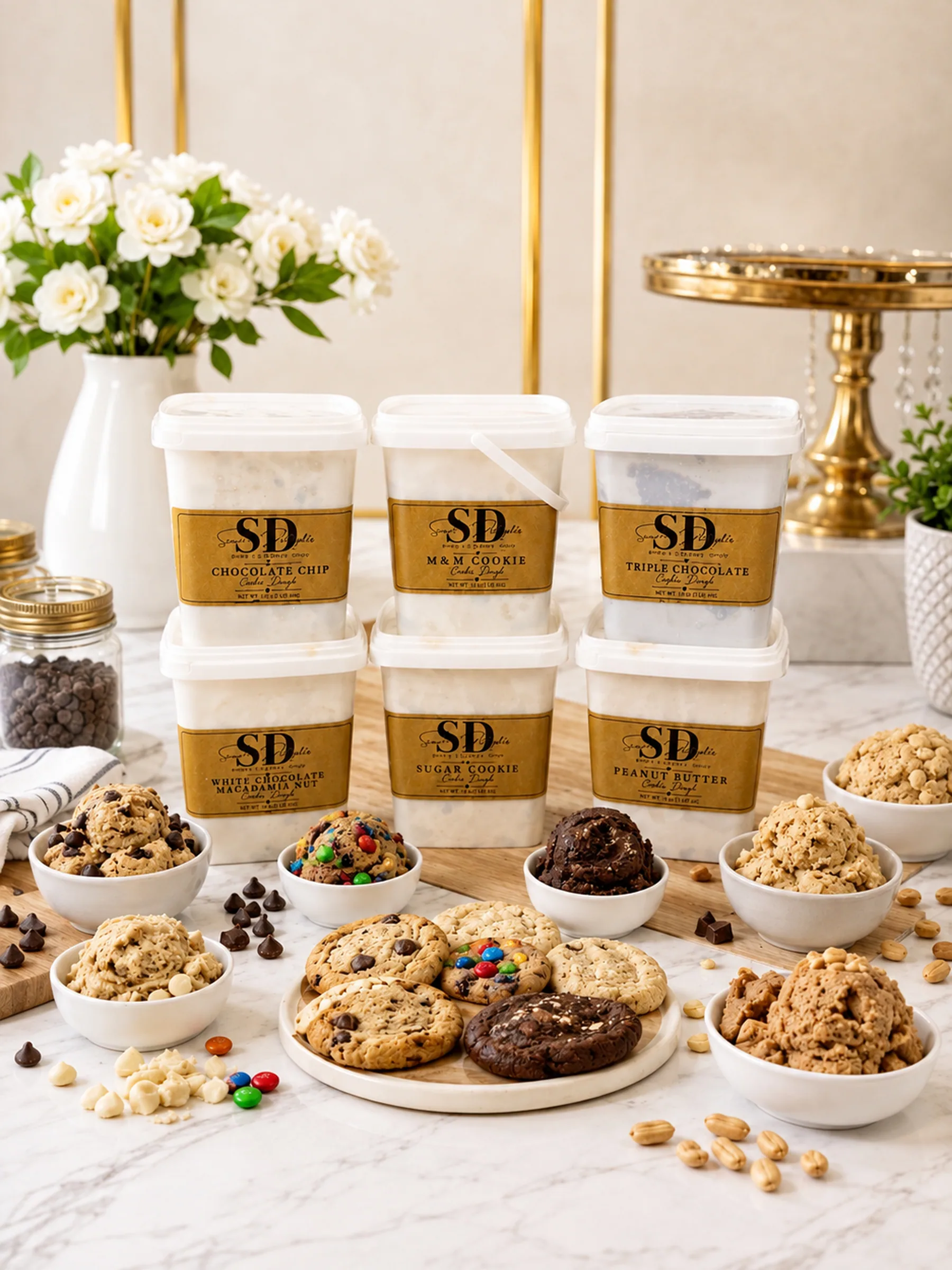 Six flavors of Sweet Delights 2-pound cookie dough tubs with baked cookies